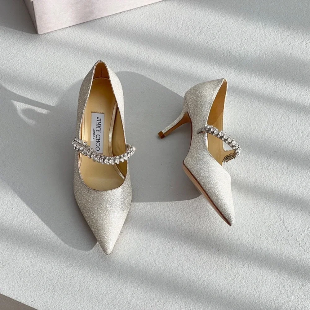 Jimmy Choo Silver Glitter Crystal-Strap Pointed Pumps